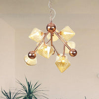 9 Lights Ribbed Glass Hanging Chandelier Vintage Clear/Amber Prism Dining Room Pendant Light - Rebooters