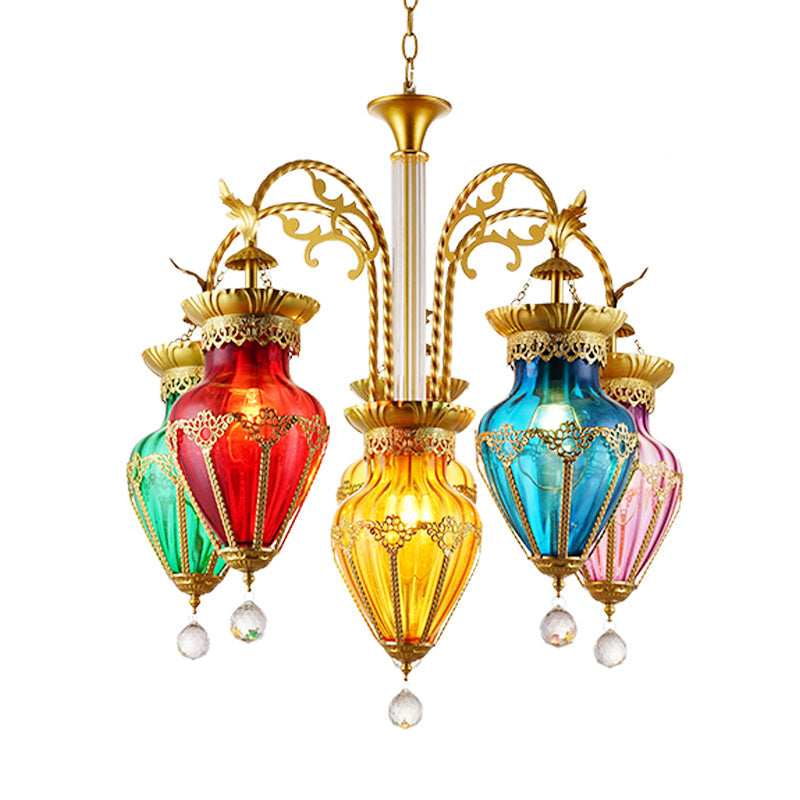 Urn Red-Yellow-Blue Glass Hanging Chandelier Moroccan 6 Lights - Rebooters