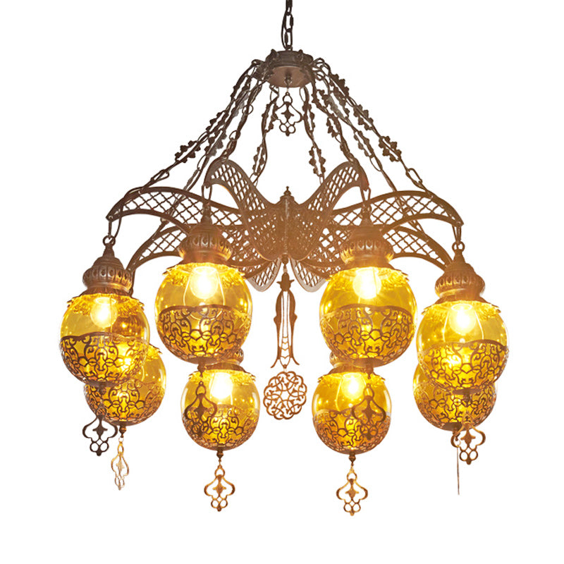 Yellow Glass Spherical Hanging Chandelier Moroccan 3 Lights - Rebooters