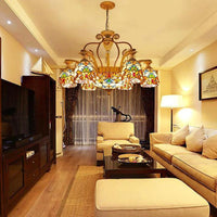 8/11 Lights Living Room Ceiling Chandelier Mediterranean Brown Pendant Lamp with Flower Stained Glass Shade - Rebooters