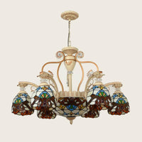8/11 Lights Living Room Ceiling Chandelier Mediterranean Brown Pendant Lamp with Flower Stained Glass Shade - Rebooters