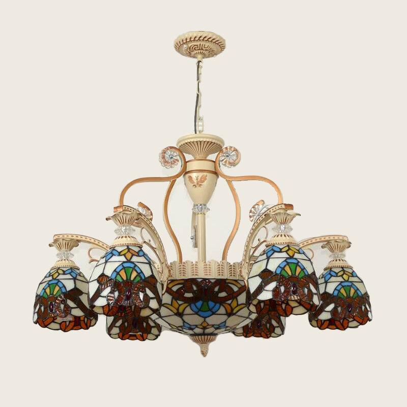 8/11 Lights Living Room Ceiling Chandelier Mediterranean Brown Pendant Lamp with Flower Stained Glass Shade - Rebooters