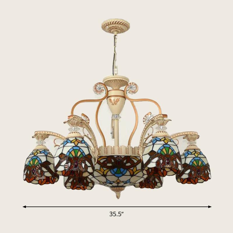 8/11 Lights Living Room Ceiling Chandelier Mediterranean Brown Pendant Lamp with Flower Stained Glass Shade - Rebooters