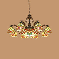 8/11 Lights Living Room Ceiling Chandelier Mediterranean Brown Pendant Lamp with Flower Stained Glass Shade - Rebooters