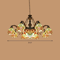 8/11 Lights Living Room Ceiling Chandelier Mediterranean Brown Pendant Lamp with Flower Stained Glass Shade - Rebooters