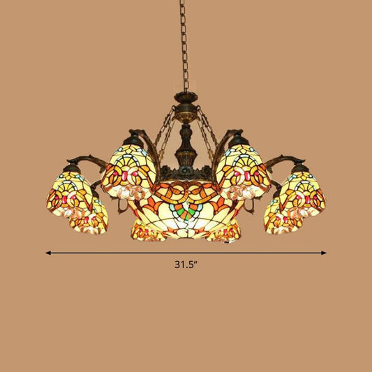 8/11 Lights Living Room Ceiling Chandelier Mediterranean Brown Pendant Lamp with Flower Stained Glass Shade - Rebooters