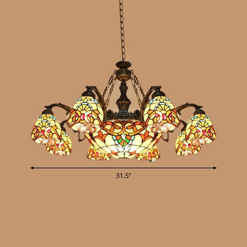 8/11 Lights Living Room Ceiling Chandelier Mediterranean Brown Pendant Lamp with Flower Stained Glass Shade - Rebooters