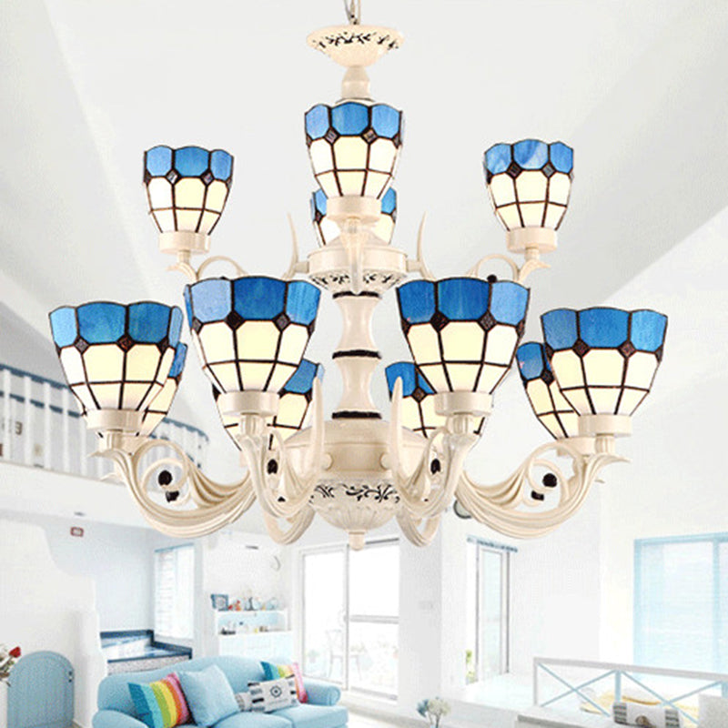 12 Lights Grid Patterned Chandelier Lighting Fixture Baroque White Stained Glass Pendant Light Kit - Rebooters