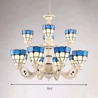 12 Lights Grid Patterned Chandelier Lighting Fixture Baroque White Stained Glass Pendant Light Kit - Rebooters