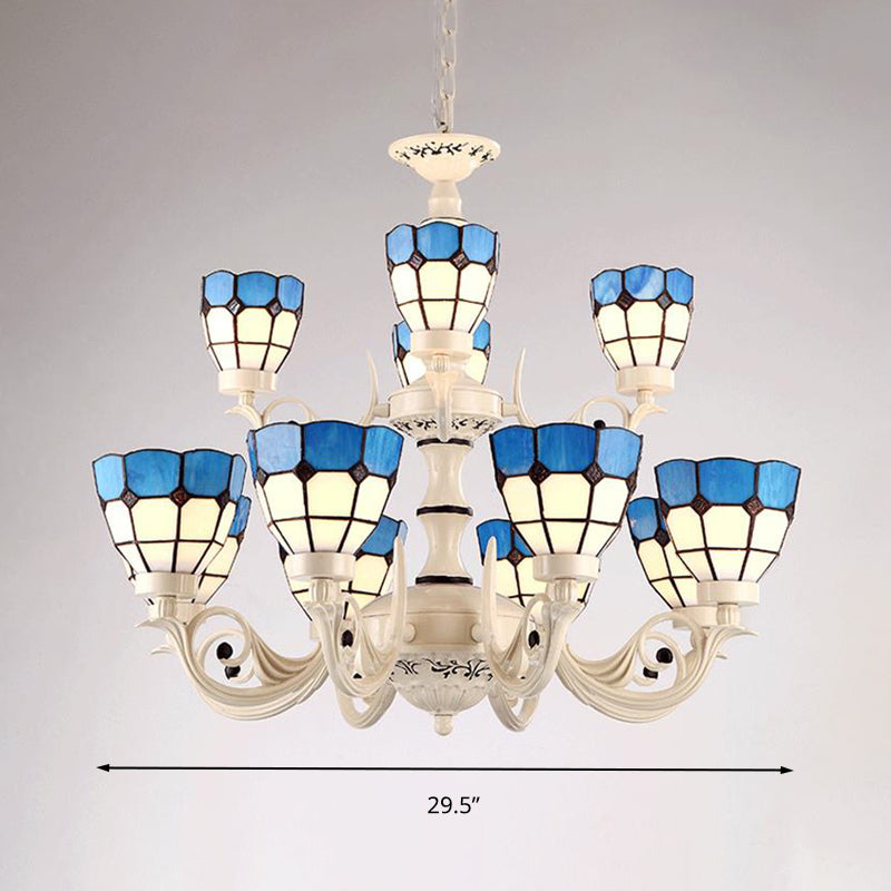 12 Lights Grid Patterned Chandelier Lighting Fixture Baroque White Stained Glass Pendant Light Kit - Rebooters