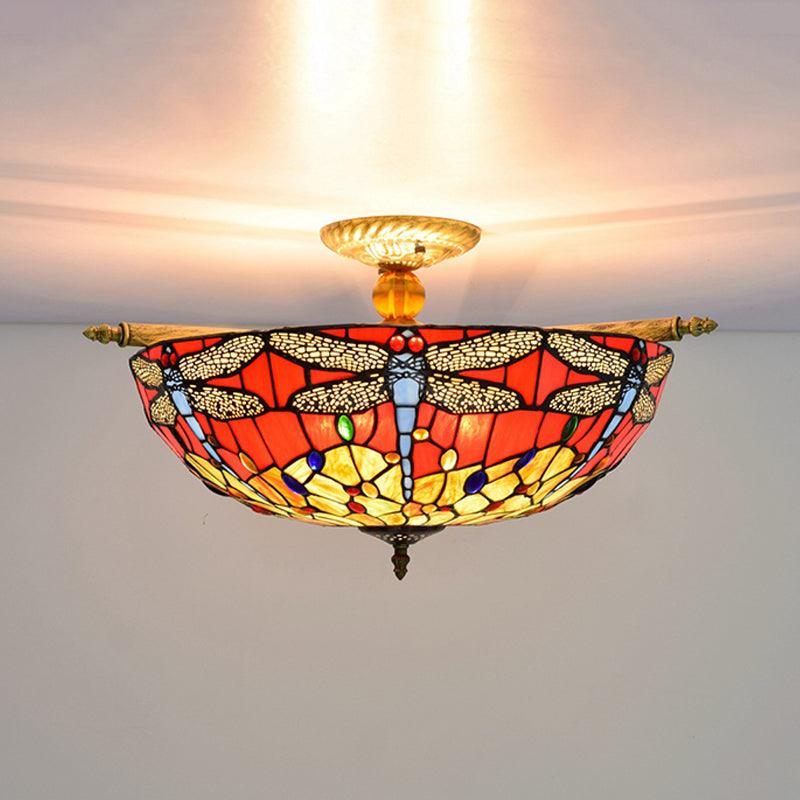 5 Lights Dragonfly Ceiling Lighting Tiffany Brass Stained Glass Semi Flush Mount Light 21.5/25.5 W - Rebooters