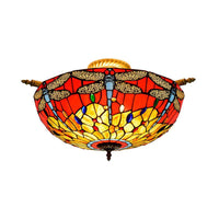 5 Lights Dragonfly Ceiling Lighting Tiffany Brass Stained Glass Semi Flush Mount Light 21.5/25.5 W - Rebooters