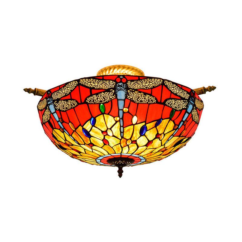 5 Lights Dragonfly Ceiling Lighting Tiffany Brass Stained Glass Semi Flush Mount Light 21.5/25.5 W - Rebooters