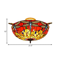 5 Lights Dragonfly Ceiling Lighting Tiffany Brass Stained Glass Semi Flush Mount Light 21.5/25.5 W - Rebooters
