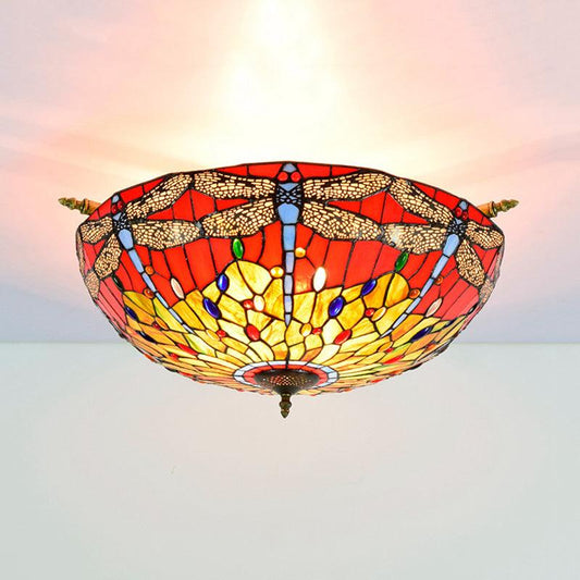 5 Lights Dragonfly Ceiling Lighting Tiffany Brass Stained Glass Semi Flush Mount Light 21.5/25.5 W - Rebooters