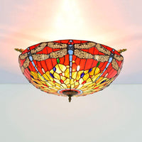 5 Lights Dragonfly Ceiling Lighting Tiffany Brass Stained Glass Semi Flush Mount Light 21.5/25.5 W - Rebooters