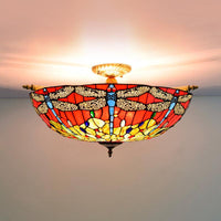 5 Lights Dragonfly Ceiling Lighting Tiffany Brass Stained Glass Semi Flush Mount Light 21.5/25.5 W - Rebooters
