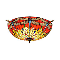 5 Lights Dragonfly Ceiling Lighting Tiffany Brass Stained Glass Semi Flush Mount Light 21.5/25.5 W - Rebooters