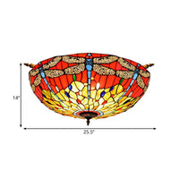 5 Lights Dragonfly Ceiling Lighting Tiffany Brass Stained Glass Semi Flush Mount Light 21.5/25.5 W - Rebooters