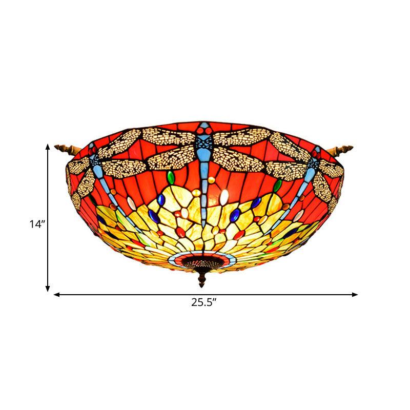 5 Lights Dragonfly Ceiling Lighting Tiffany Brass Stained Glass Semi Flush Mount Light 21.5/25.5 W - Rebooters