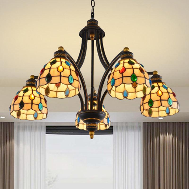 Beaded Chandelier Lighting Tiffany Style Stained Glass 3 Lights Black Gold Ceiling Pendant - Rebooters
