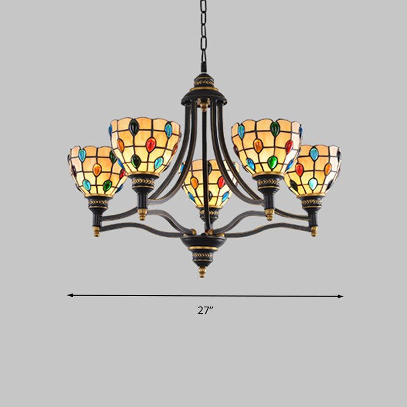 Beaded Chandelier Lighting Tiffany Style Stained Glass 3 Lights Black Gold Ceiling Pendant - Rebooters