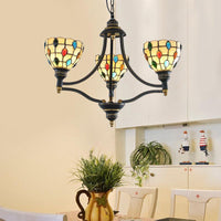 Beaded Chandelier Lighting Tiffany Style Stained Glass 3 Lights Black Gold Ceiling Pendant - Rebooters