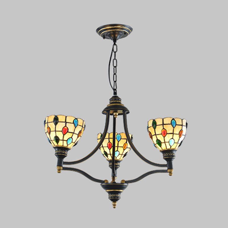 Beaded Chandelier Lighting Tiffany Style Stained Glass 3 Lights Black Gold Ceiling Pendant - Rebooters
