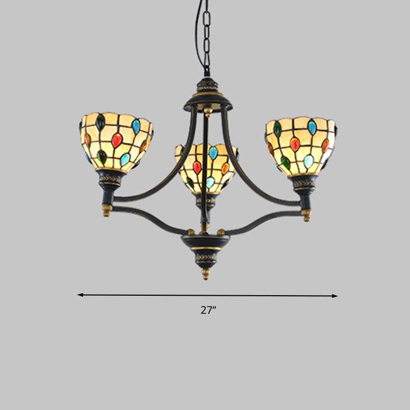 Beaded Chandelier Lighting Tiffany Style Stained Glass 3 Lights Black Gold Ceiling Pendant - Rebooters