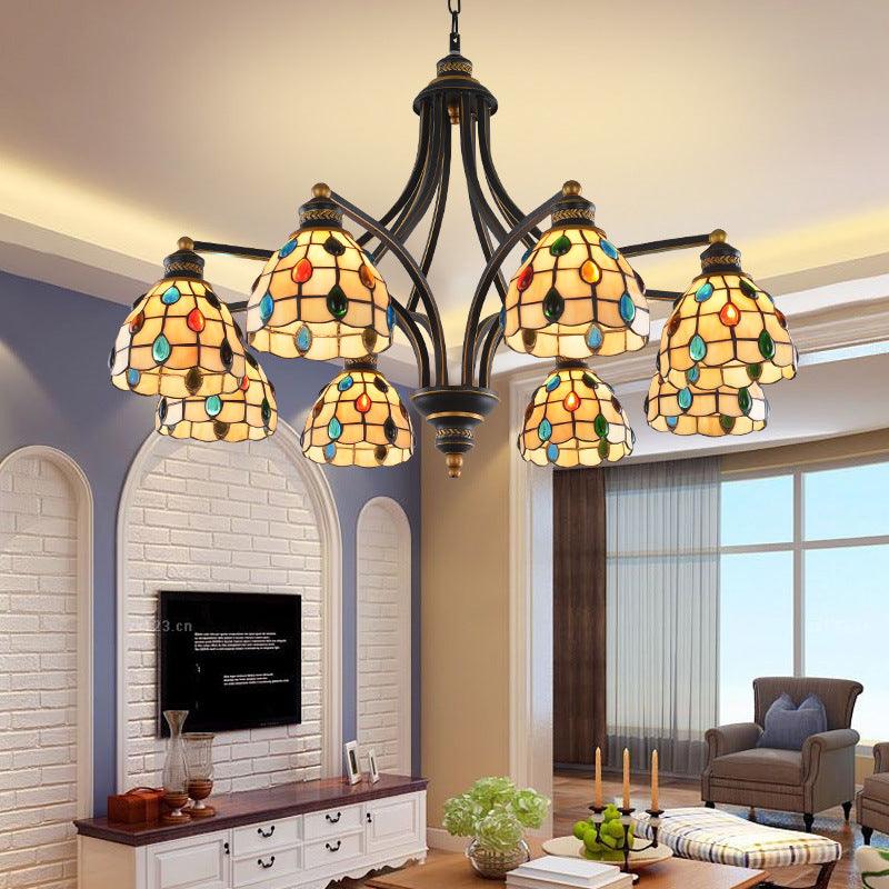 Beaded Chandelier Lighting Tiffany Style Stained Glass 3 Lights Black Gold Ceiling Pendant - Rebooters