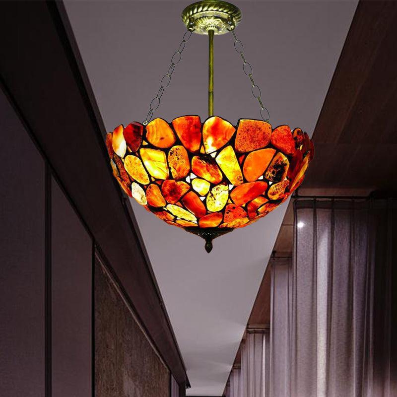 3 Lights Semi Flush Mount Mediterranean Bowl Shade Stone Ceiling Lamp in Antique Brass - Rebooters