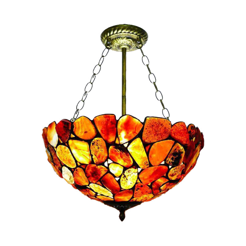 3 Lights Semi Flush Mount Mediterranean Bowl Shade Stone Ceiling Lamp in Antique Brass - Rebooters