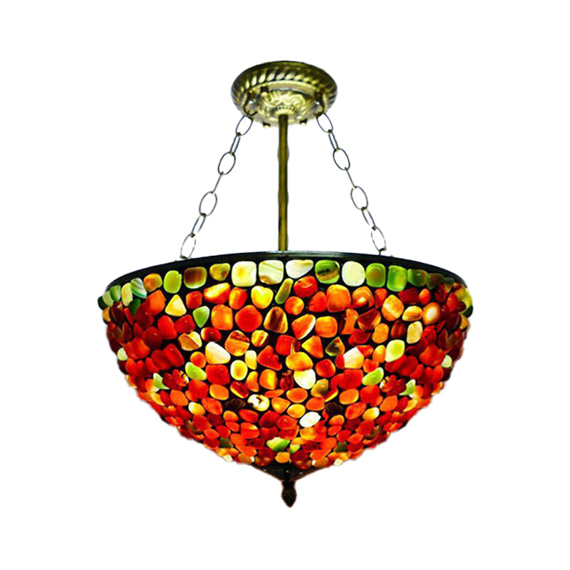 3 Lights Semi Flush Mount Mediterranean Bowl Shade Stone Ceiling Lamp in Antique Brass - Rebooters