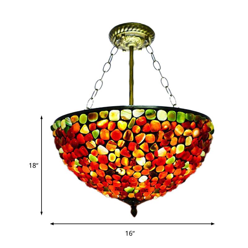 3 Lights Semi Flush Mount Mediterranean Bowl Shade Stone Ceiling Lamp in Antique Brass - Rebooters