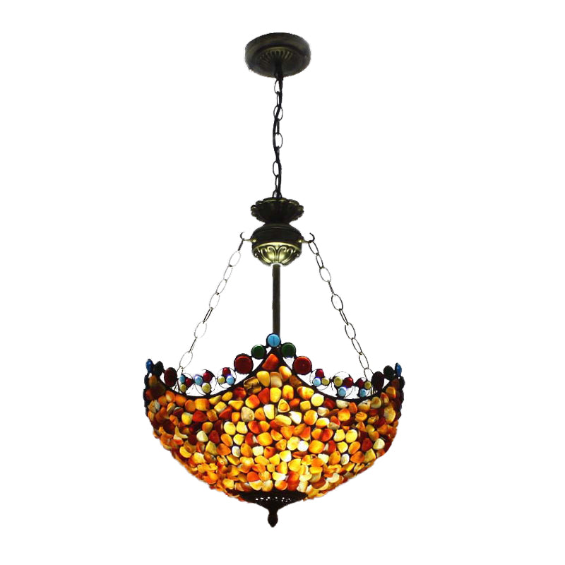 3 Lights Semi Flush Mount Mediterranean Bowl Shade Stone Ceiling Lamp in Antique Brass - Rebooters