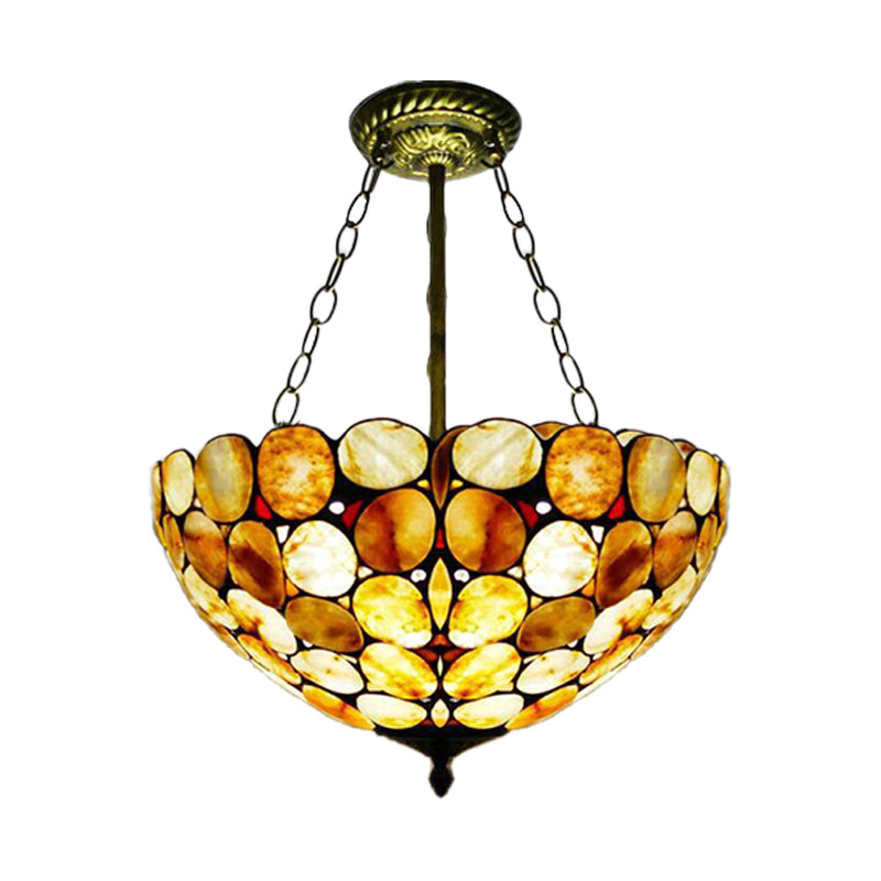 3 Lights Semi Flush Mount Mediterranean Bowl Shade Stone Ceiling Lamp in Antique Brass - Rebooters