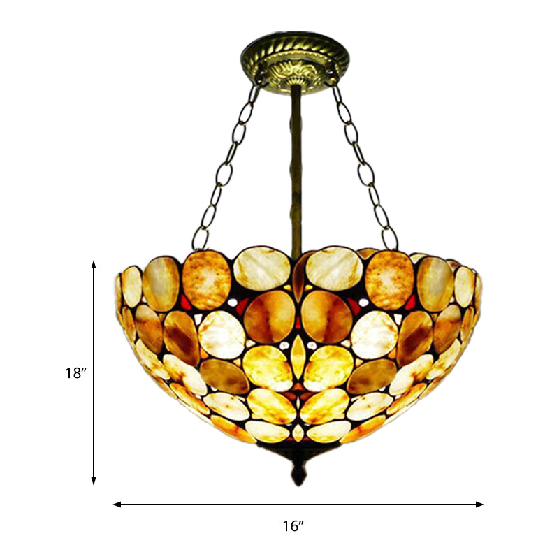 3 Lights Semi Flush Mount Mediterranean Bowl Shade Stone Ceiling Lamp in Antique Brass - Rebooters