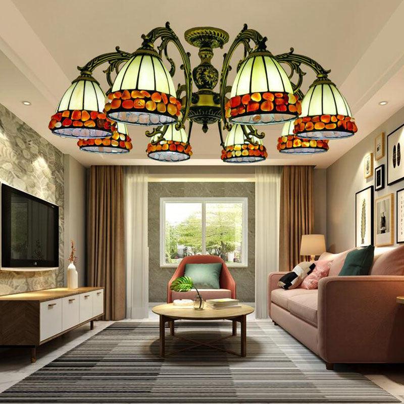 Antique Bronze Spots Gem Chandelier Lighting Fixture Tiffany 3 5 8 Lights Stained Glass Pendant - Rebooters