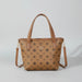 Brown leather patterned tote bag with shoulder strap on a neutral background