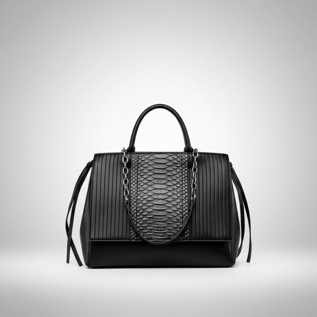 Black leather handbag with snake print panel and chain handle on white background