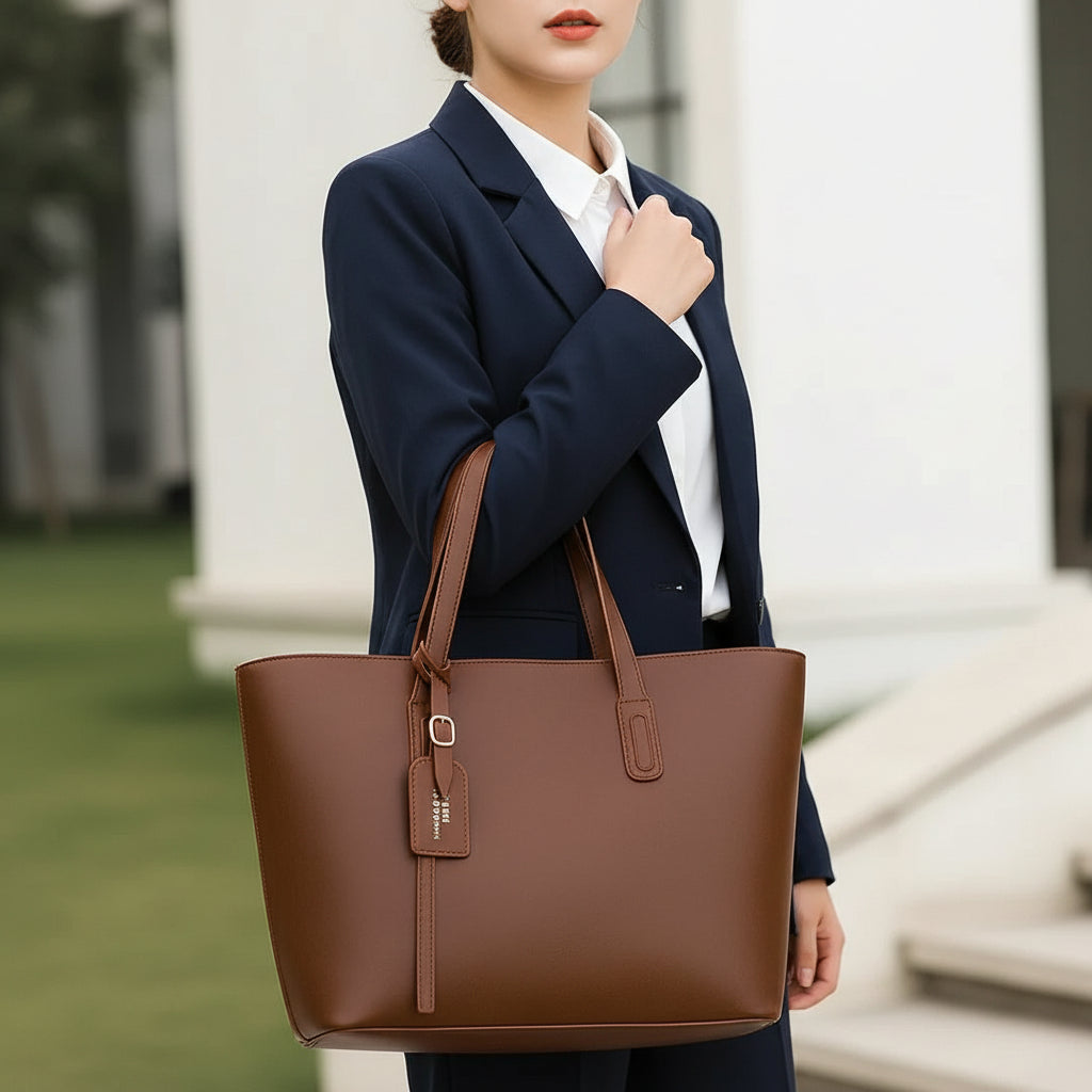 Woman in navy suit holding large brown leather tote bag outdoors