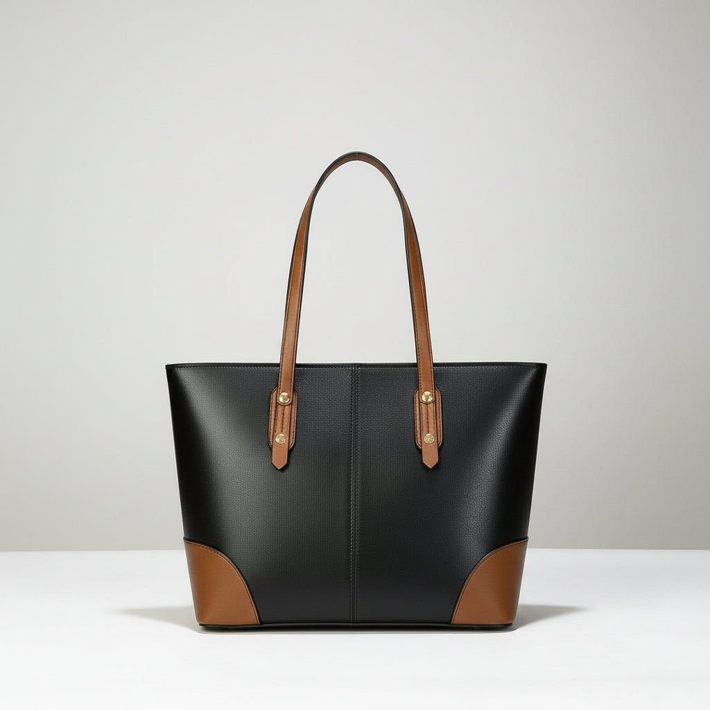 Black leather tote bag with brown handles and corners on a white surface