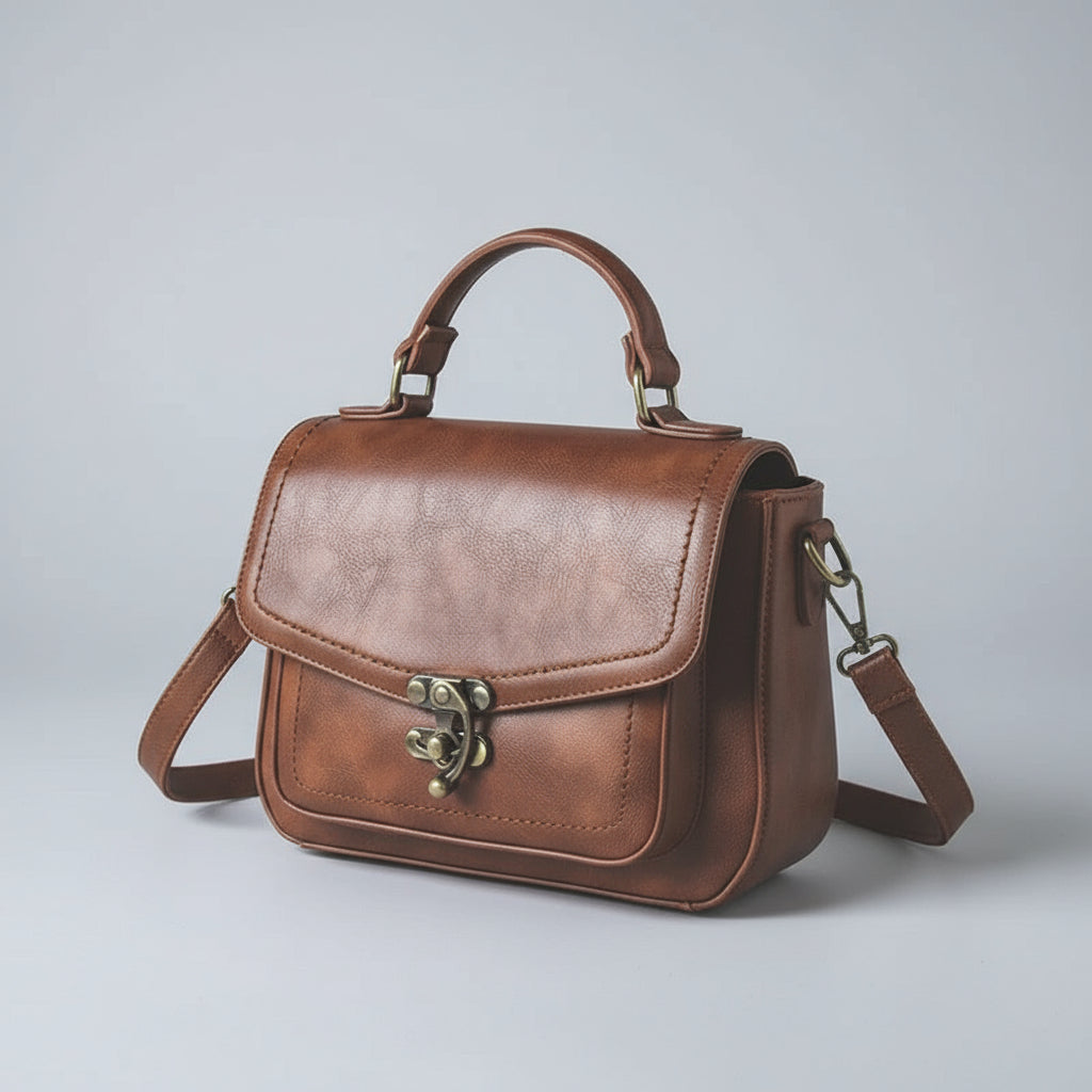 Brown leather satchel handbag with top handle and shoulder strap on plain background
