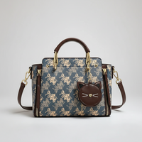 Blue and brown cat print handbag with gold accents and detachable cat-shaped coin purse