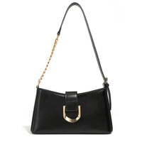 Black leather shoulder bag with gold chain strap and decorative gold buckle detail