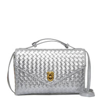 Silver woven leather crossbody bag with gold clasp and top handle, stylish purse