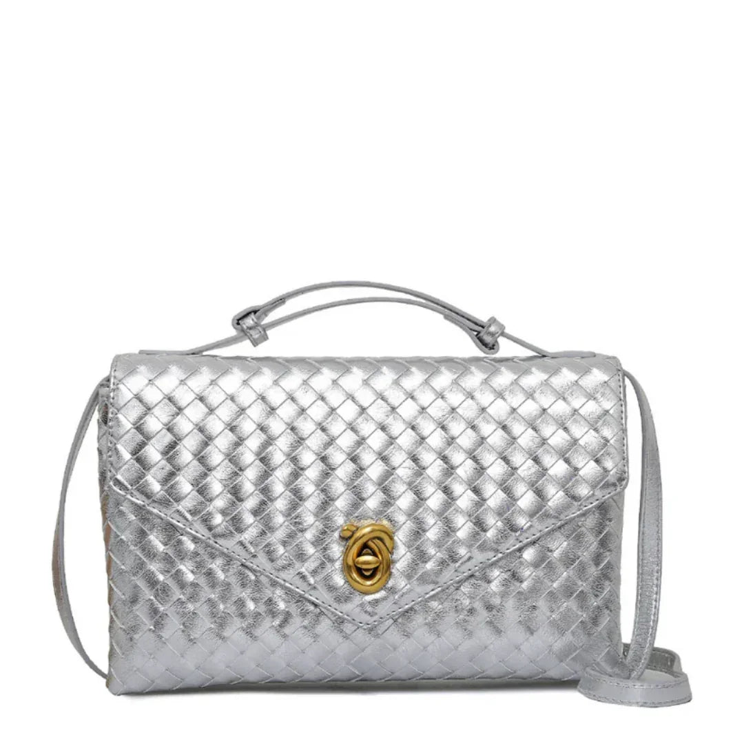 Silver woven leather crossbody bag with gold clasp and top handle, stylish purse