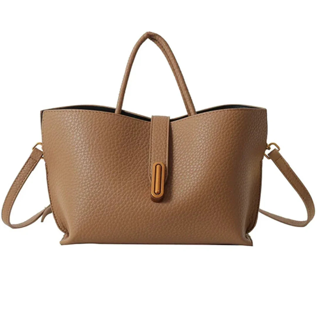 Brown textured leather tote bag with top handle and detachable shoulder strap