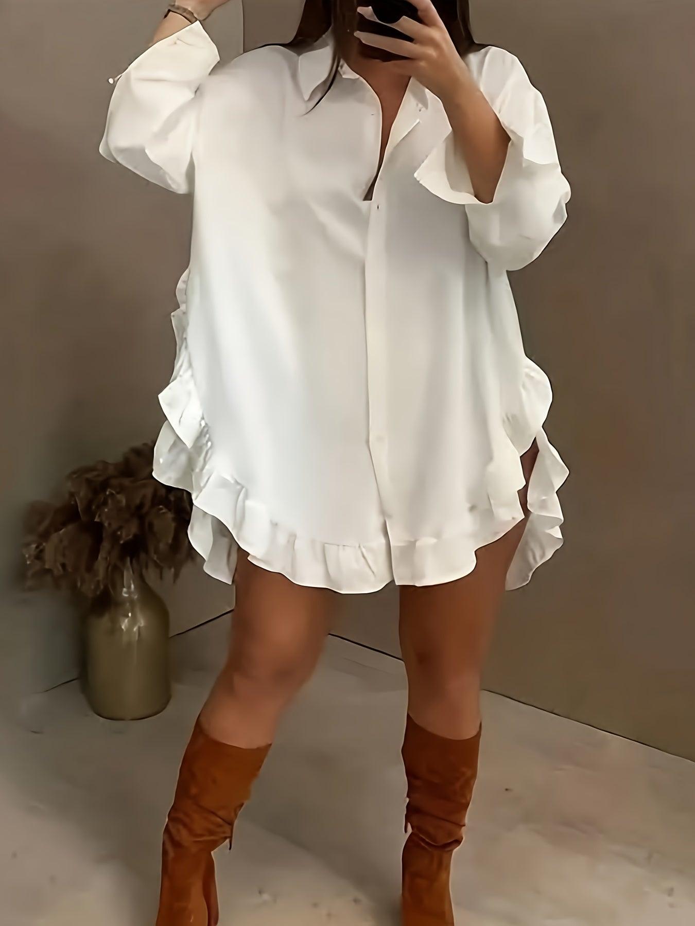 Oversized Ruffle Hem Shirt Dress For Women - Chic Style Rebooters Womens Shirts