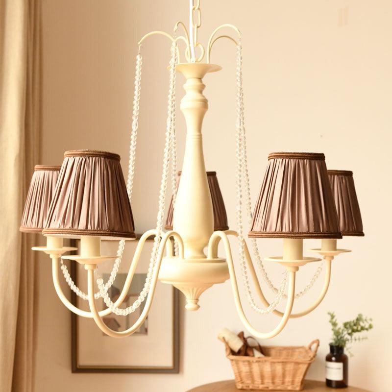 5 Bulbs Crystal Chandelier Pleated Shade Brown White Fixture - Rebooters